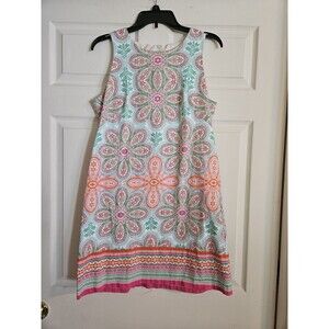 London Times Floral Summer Shift Dress Colorful Size 14 Blue Pink Teal Orange